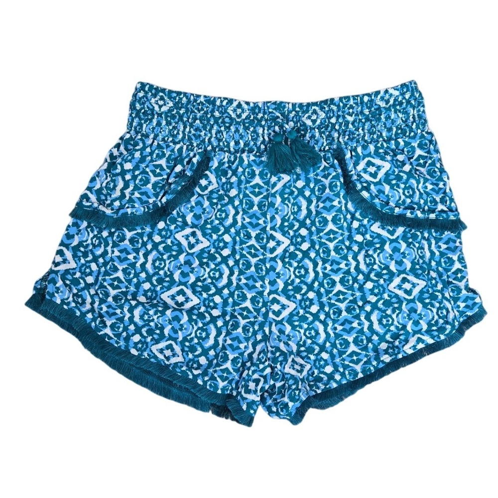 Japna‎ Sleep Shorts Fringe Tassel Geometric Blue Green Boho Beach Summer Medium